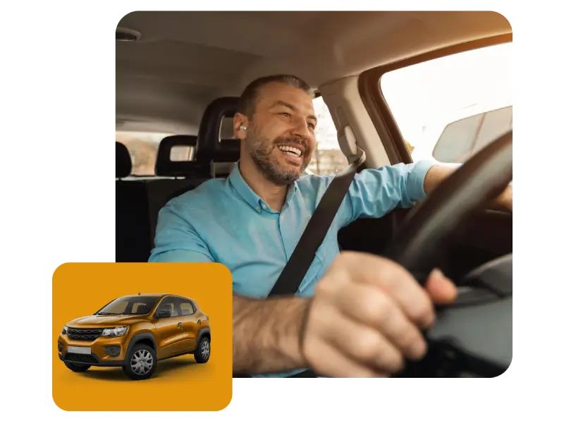 Homem feliz dirigindo um carro